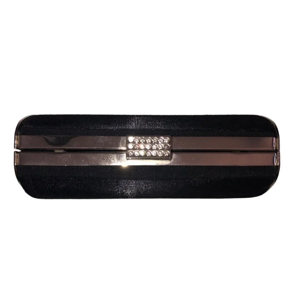Clutch Handbag Satin Black Silver Chain Sparkle Clam Shell Evening Formal